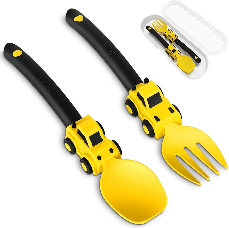 Deinyi Construction Toddler Utensils - Toddler Forks and Spoons - Kids Construction Truck Utensils - Forks and Spoons Silverware Set - Christmas Birthday Gift for 1 2 3 4 5 year old, Yellow - Image 1